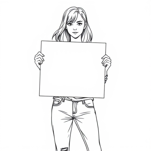 A minimal black line art drawing of a teen girl in casual jeans and t-shirt, holding a protest sign in front of her chest, strong posture, simple expressive lines, no fill, no shadow, no gradient, solid pure white background, isolated for commercial print