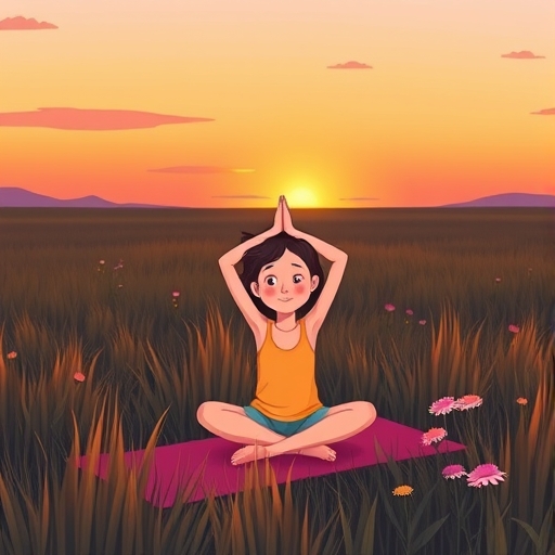 in a wide meadow during sunset, a little girl is practicing yoga peacefully. The sky glows with gradients of orange, pink, and purple. Tall grass and wildflowers surround her, gently swaying in the breeze. Her yoga mat is colorful, and her outfit contrasts softly with the natural tones. The lighting casts long shadows and a golden glow. The lighting is natural, coming from a window or floor lamp. cartoon illustration, digital art, vibrant colors, soft shading, 2D style, horizontal