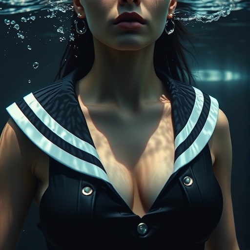 underwater half-body portrait of a young woman in high fashion, shown from the waist up, wearing a black sculptural latex top and a wide white sailor-style collar resting on her shoulders with bold black stripes, the collar is open and flat, not around the neck, her skin is hyper-realistic with visible pores, texture, and natural underwater light reflections, shimmering highlights from the water surface play across her skin and latex, surrounded by deep black water, cinematic underwater lighting
