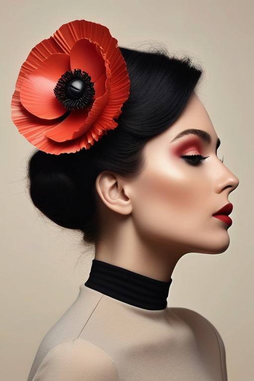 Create image of a woman in profile view facing left with a large, elaborate adornment of oversized red poppy flowers on her head. The flowers are vibrant red with deep black centers, appearing soft and full, taking up the upper half of the frame. She wears a high-neck, long-sleeve black top that is form-fitting, blending seamlessly into a beige background that is smooth and shadowless, highlighting her silhouette. Her skin is smooth with a matte finish, and her makeup is elegant, featuring matte