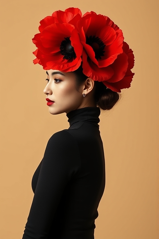 Create image of a woman in profile view facing left with a large, elaborate adornment of oversized red poppy flowers on her head. The flowers are vibrant red with deep black centers, appearing soft and full, taking up the upper half of the frame. She wears a high-neck, long-sleeve black top that is form-fitting, blending seamlessly into a beige background that is smooth and shadowless, highlighting her silhouette. Her skin is smooth with a matte finish, and her makeup is elegant, featuring matte
