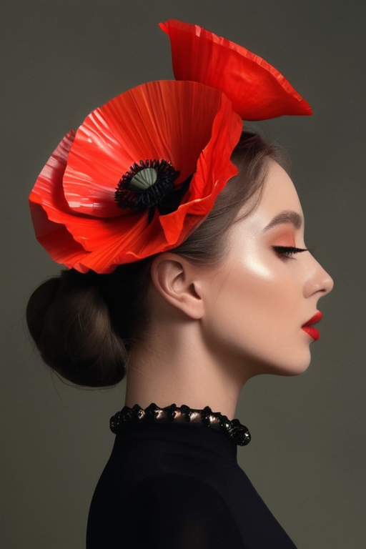 Create image of a woman in profile view facing left with a large, elaborate adornment of oversized red poppy flowers on her head. The flowers are vibrant red with deep black centers, appearing soft and full, taking up the upper half of the frame. She wears a high-neck, long-sleeve black top that is form-fitting, blending seamlessly into a beige background that is smooth and shadowless, highlighting her silhouette. Her skin is smooth with a matte finish, and her makeup is elegant, featuring matte
