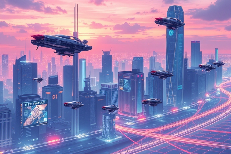 Cybernetic skyline with flying cars and holograms, reflecting a futuristic anime realm.