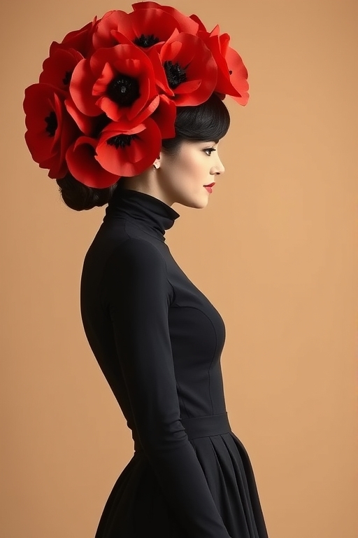 A woman with a profile view, wearing a black, form-fitting dress with a high turtleneck and a pleated skirt, adorned with a large, elaborate headdress of vibrant red paper poppies.  The image is in a classic style, with soft lighting highlighting the textures of the fabric and the petals, and the background is a muted beige, creating a dramatic contrast with the rich red poppies.