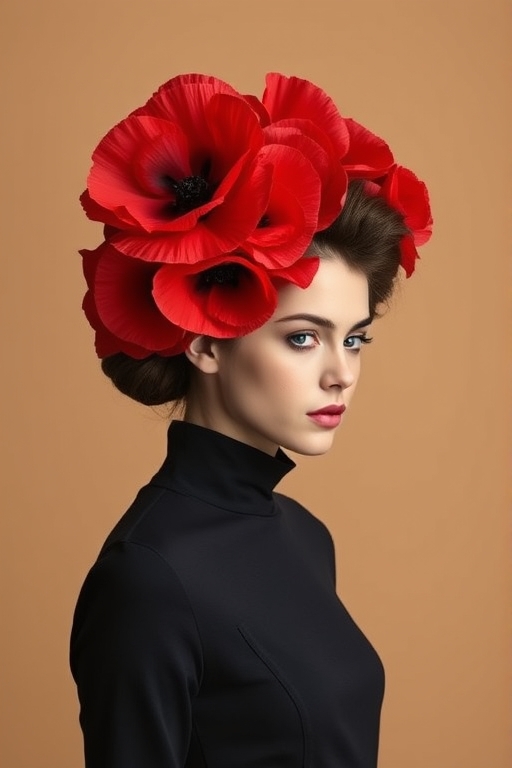 The image is a portrait of a young woman with a large red poppy flower on her head. The woman is wearing a black dress with a high neckline and long sleeves. Her hair is styled in a dramatic updo with multiple layers of red poppies cascading down her back. The flowers are large and full, covering her head and shoulders. The background is a plain beige color, making the woman and the flowers stand out. The overall mood of the image is dramatic and elegant.