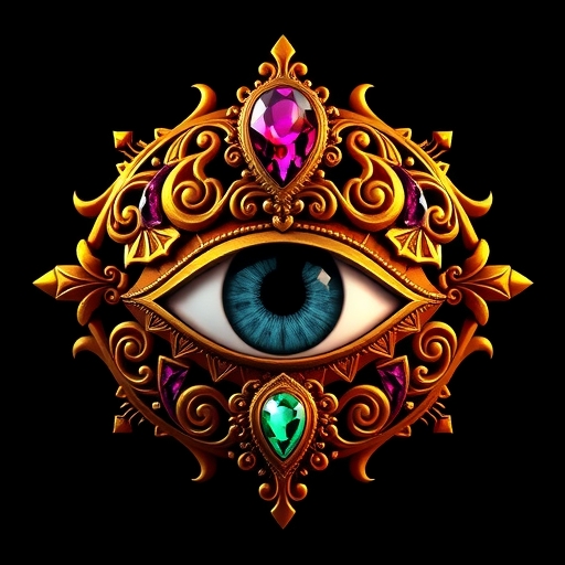 Create a highly detailed, ornate artifact resembling a mystical eye. The artifact should feature intricate gold filigree patterns with embedded jewel-like stones in rich colors such as ruby and emerald. The central eye should be deep and captivating, with an elaborate, teardrop-shaped gemstone above it. The design should exude an aura of ancient mysticism and grandeur, against a dark, contrasting background to highlight its elaborate details.