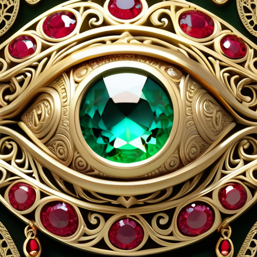 Create a highly detailed, ornate artifact resembling a mystical eye. The artifact should feature intricate gold filigree patterns with embedded jewel-like stones in rich colors such as ruby and emerald. The central eye should be deep and captivating, with an elaborate, teardrop-shaped gemstone above it. The design should exude an aura of ancient mysticism and grandeur, against a dark, contrasting background to highlight its elaborate details.