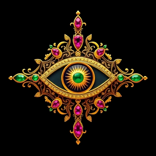an ornate magical eye made of gold, rubies and emeralds, ancient artifact style, highly detailed, symmetrical, intricate patterns, jewelry design, black background, fantasy concept art