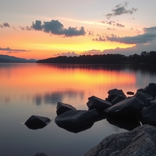 Tranquil lake scene at sunset. Calm water reflecting the vibrant colors of the sky.  Soft, peachy-orange hues blend with shades of gray and blue in the clouds.  Low, diffused light casts gentle reflections on the water surface.  Large, dark-brown rocks are scattered along the shoreline, barely visible above the waterline.  A line of dark, dense trees and foliage forms a soft silhouette along the far shore.  The composition is a peaceful landscape view, showcasing the natural beauty of a serene l