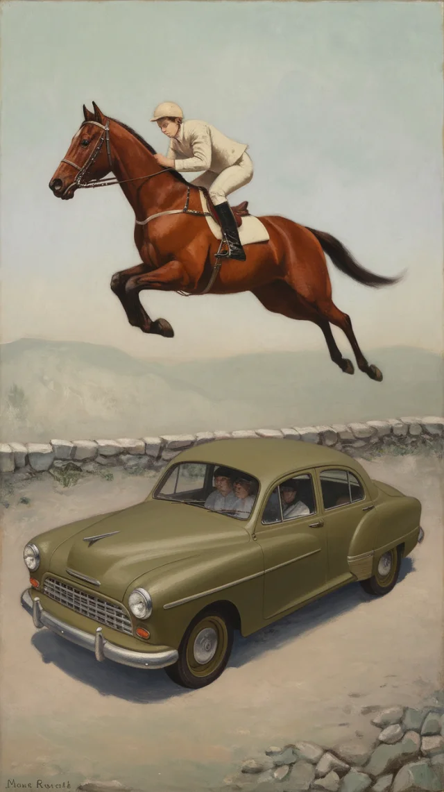 Ideogram: Surrealist Horse Jumping Over Car AI Art Test - v2.0 - Image 1