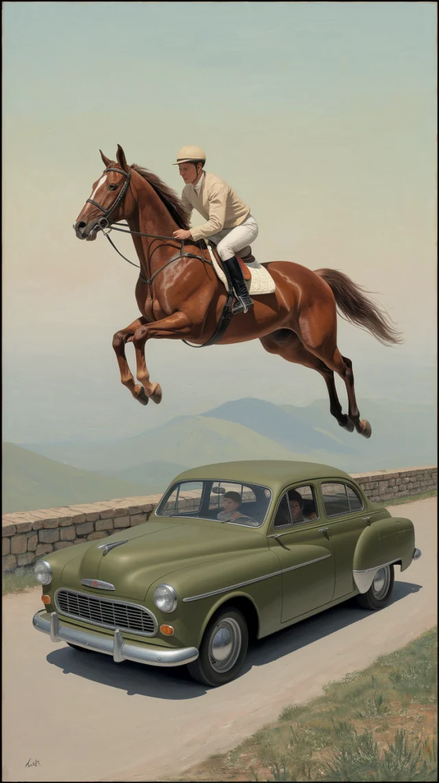 Ideogram: Surrealist Horse Jumping Over Car AI Art Test - v2a - Image 2