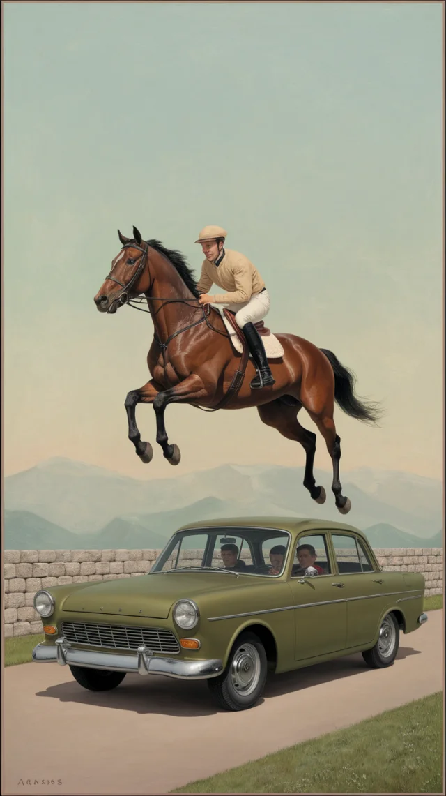 Ideogram: Surrealist Horse Jumping Over Car AI Art Test - v2a - Image 4