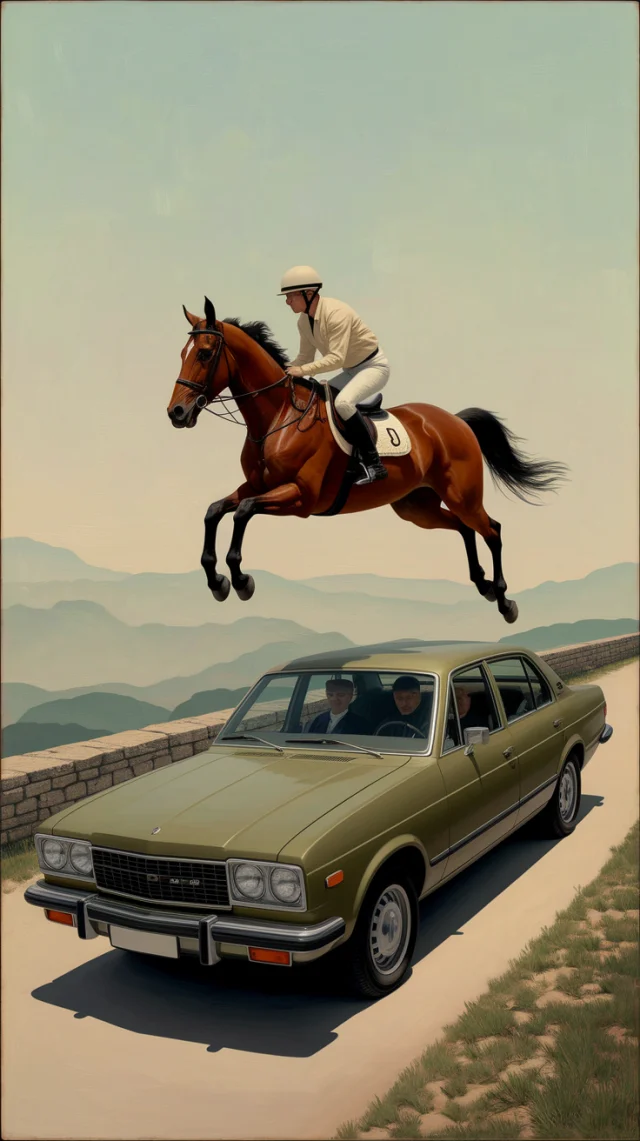 Ideogram: Surrealist Horse Jumping Over Car AI Art Test - v2a - Image 3