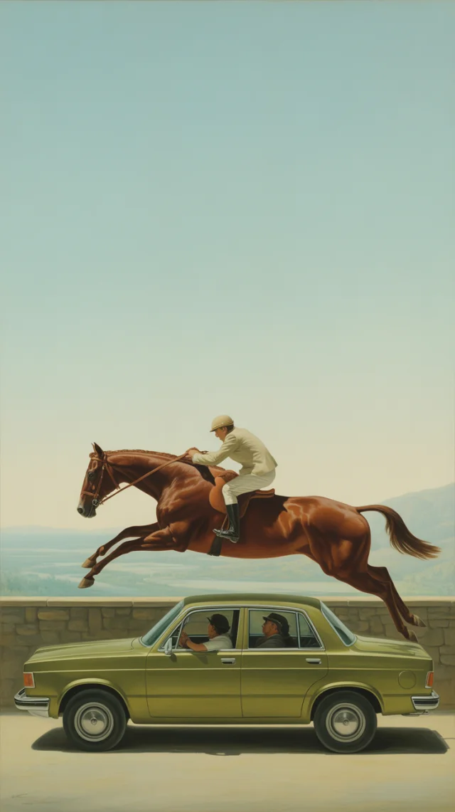 Ideogram: Surrealist Horse Jumping Over Car AI Art Test - v3.0 - Image 1