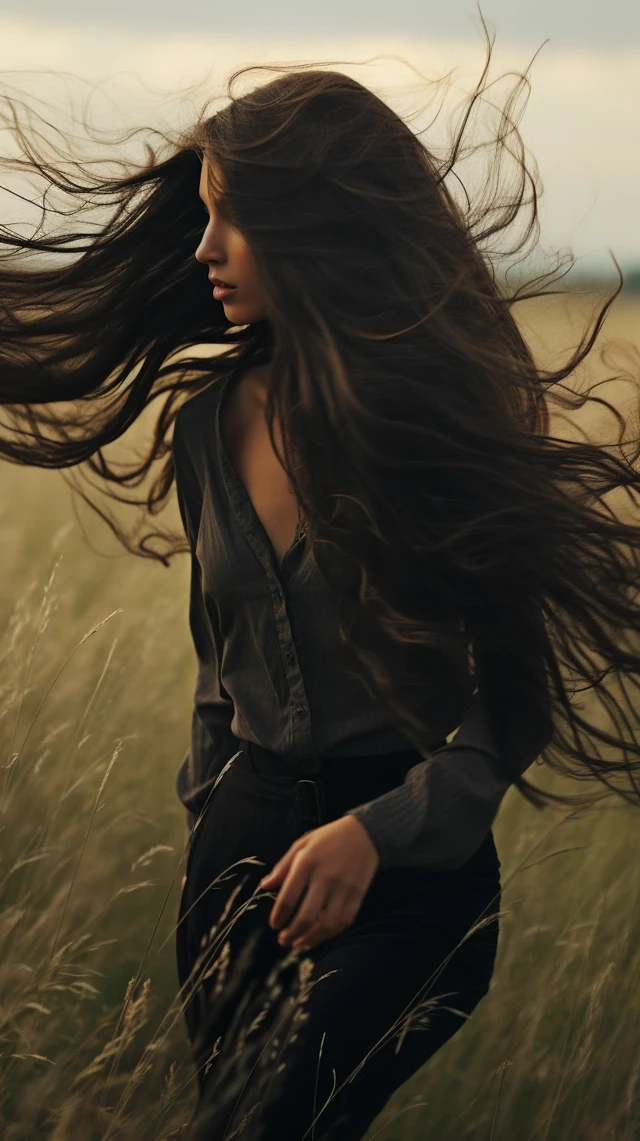 Midjourney Long Black Hair Grassland: v5.2 vs v6.1 vs v7.0 - v5.2 - Image 3