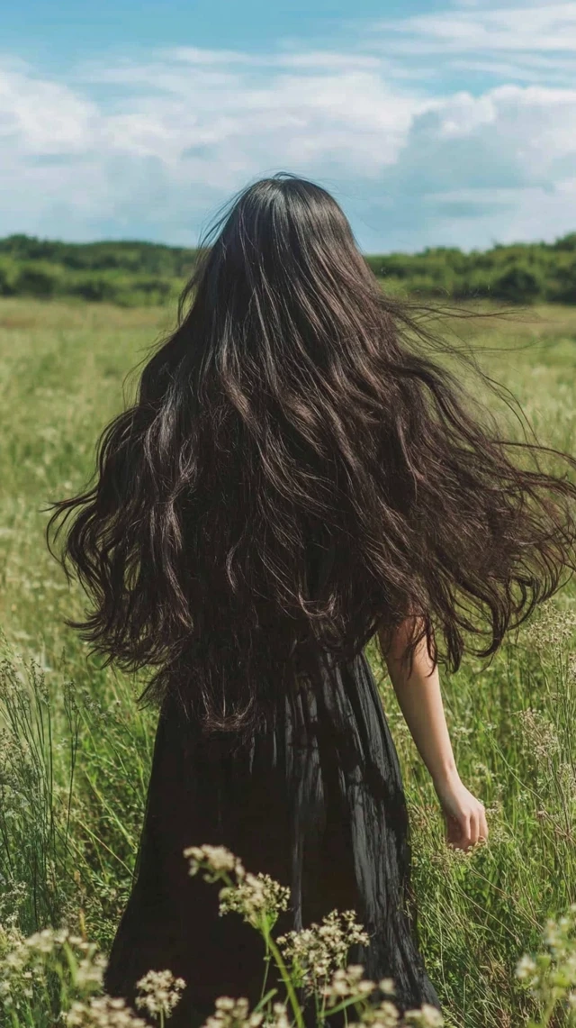 Midjourney Long Black Hair Grassland: v5.2 vs v6.1 vs v7.0 - v6.1 - Image 2