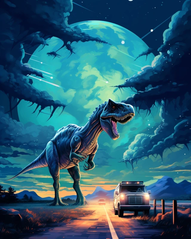 Luminous Dinosaur Night Scenes: Midjourney v5.2 to v7.0 - v5.2 - Image 1