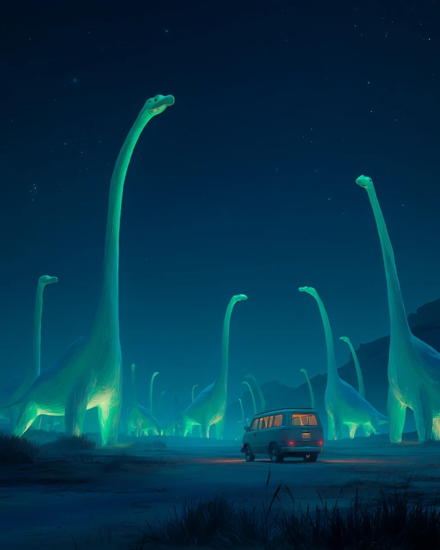 Luminous Dinosaur Night Scenes: Midjourney v5.2 to v7.0 - v7.0 - Image 1