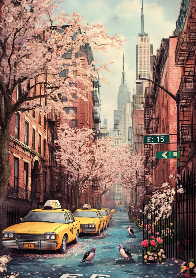 Whimsical NYC Spring Illustration Midjourney: v5.2-v7.0 - v6.1 - Image 3