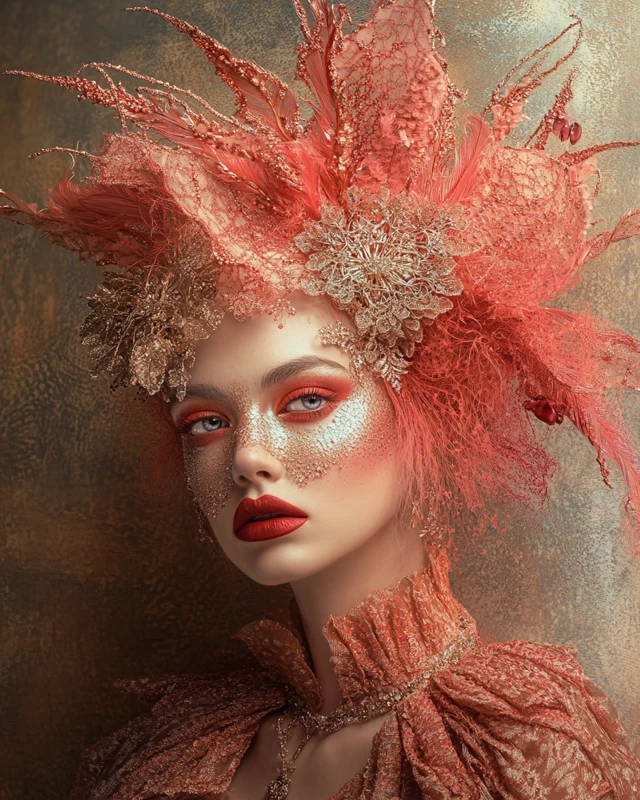 Midjourney Evolution: Coral & Gold Avant-Garde Portraits - v6.1 - Image 4