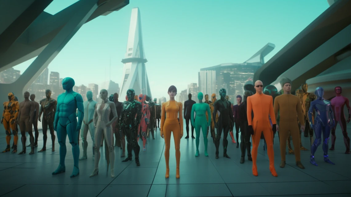 Midjourney Versions: Futuristic Group Posing Compared - v5.2 - Image 3