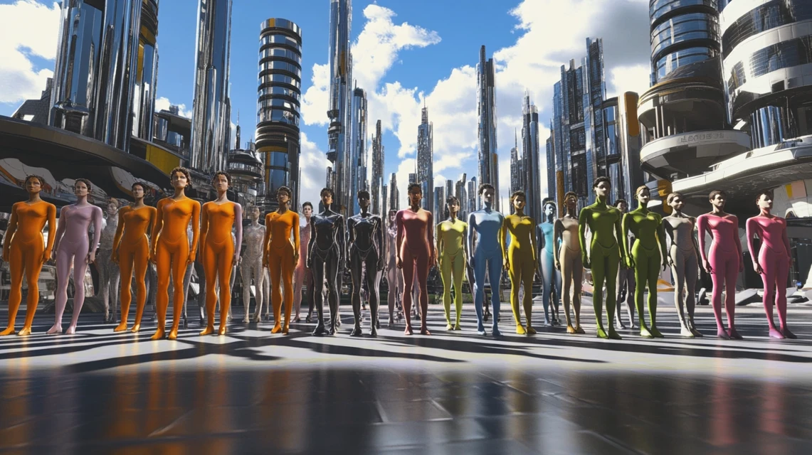 Midjourney Versions: Futuristic Group Posing Compared - v6.1 - Image 2