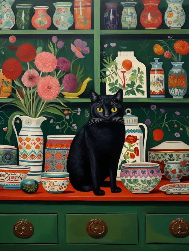 Folk Art Maximalist Cat Still Life: MidJourney Evolution - v5.2 - Image 4
