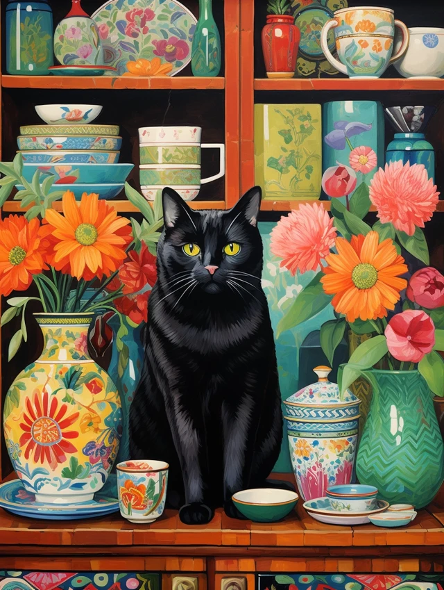 Folk Art Maximalist Cat Still Life: MidJourney Evolution - v5.2 - Image 1