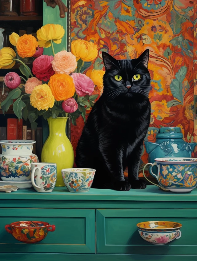Folk Art Maximalist Cat Still Life: MidJourney Evolution - v5.2 - Image 3