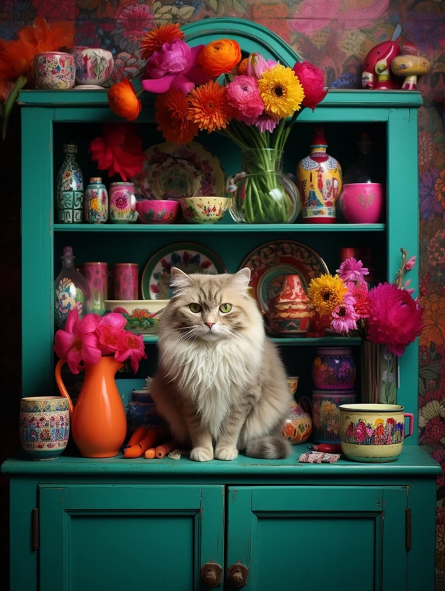 Folk Art Maximalist Cat Still Life: MidJourney Evolution - v5.2 - Image 2