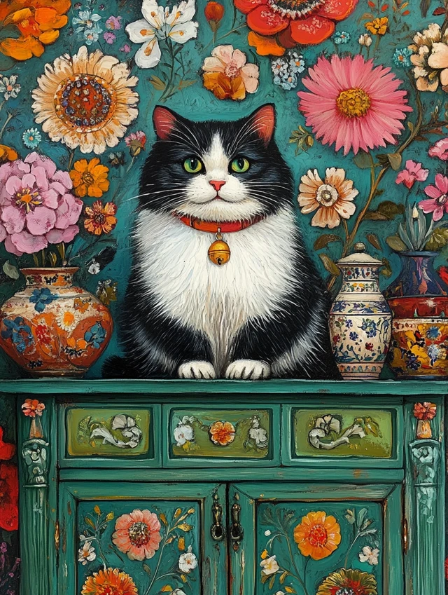 Folk Art Maximalist Cat Still Life: MidJourney Evolution - v6.1 - Image 1
