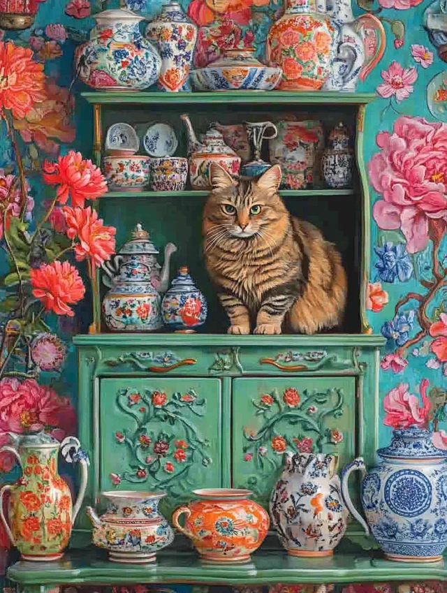 Folk Art Maximalist Cat Still Life: MidJourney Evolution - v6.1 - Image 3