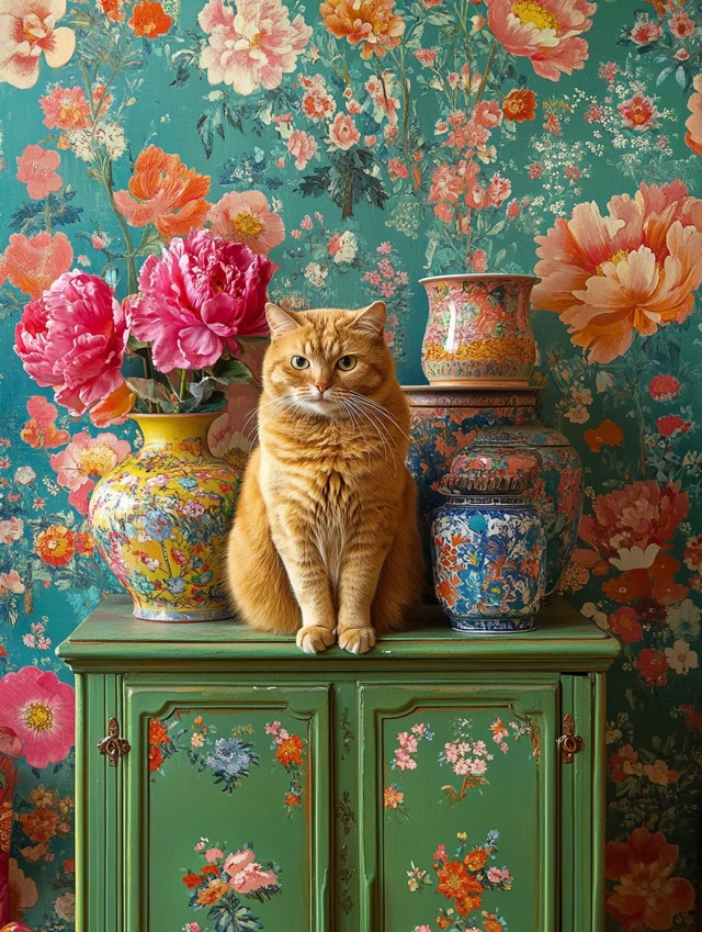 Folk Art Maximalist Cat Still Life: MidJourney Evolution - v6.1 - Image 2