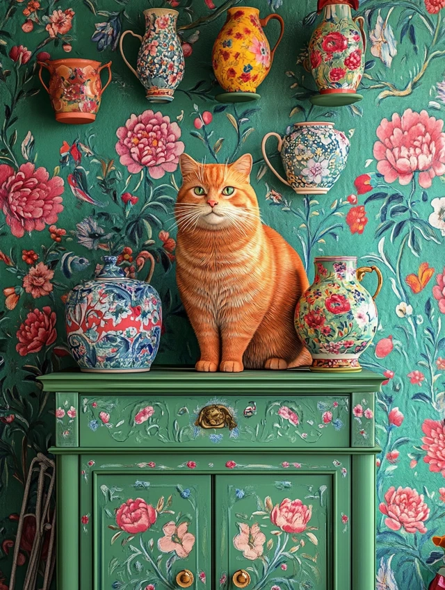 Folk Art Maximalist Cat Still Life: MidJourney Evolution - v6.1 - Image 4