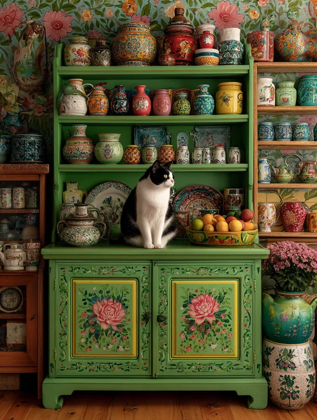 Folk Art Maximalist Cat Still Life: MidJourney Evolution - v7.0 - Image 4