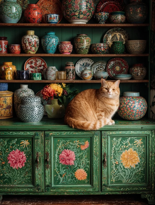 Folk Art Maximalist Cat Still Life: MidJourney Evolution - v7.0 - Image 3