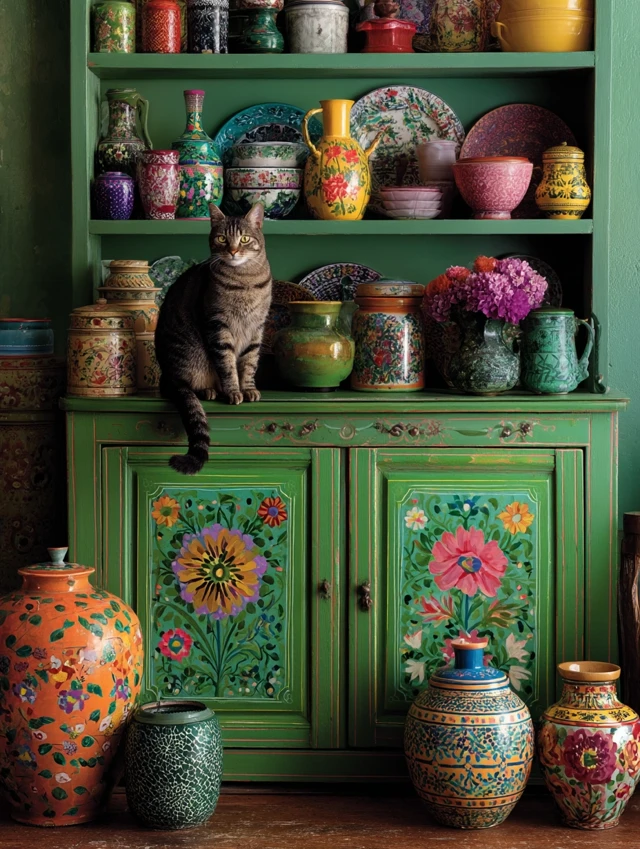 Folk Art Maximalist Cat Still Life: MidJourney Evolution - v7.0 - Image 1