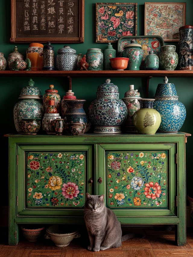 Folk Art Maximalist Cat Still Life: MidJourney Evolution - v7.0 - Image 2