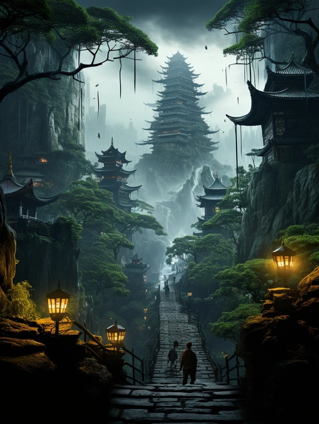 Midjourney Evolution: Cyberpunk Chinese Forest Cities Compared - v5.2 - Image 3