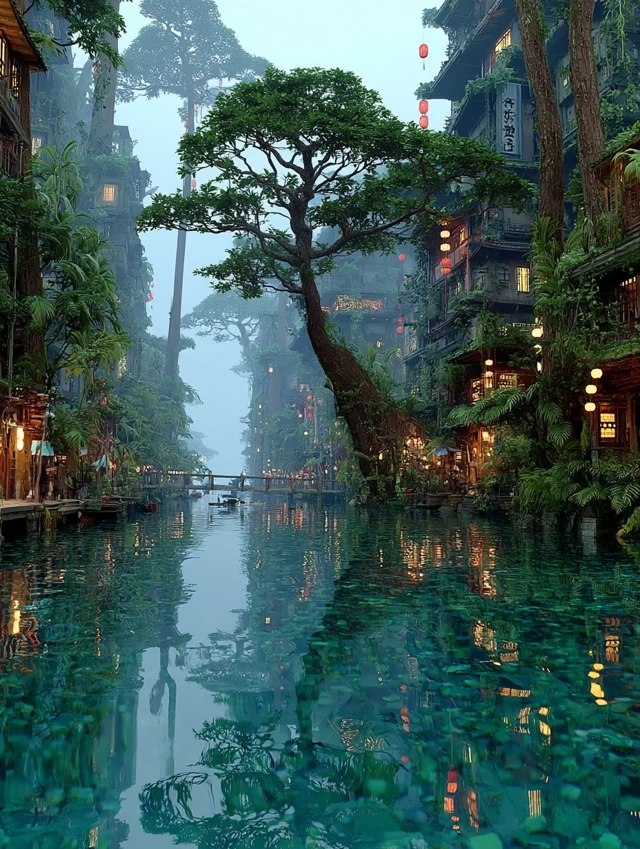 Midjourney Evolution: Cyberpunk Chinese Forest Cities Compared - v7.0 - Image 2