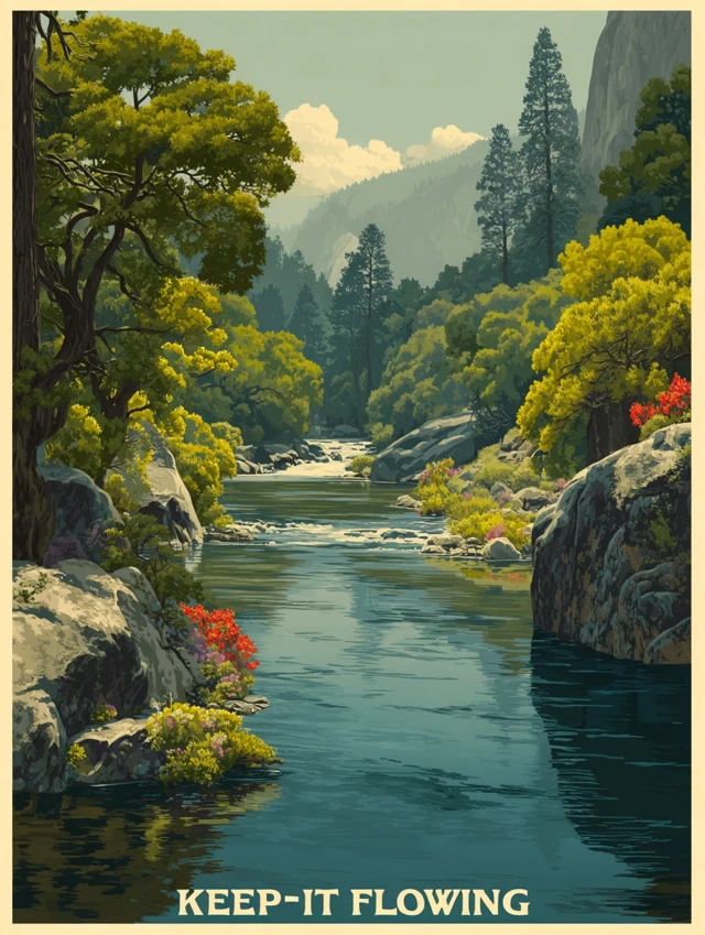 Vintage River Poster AI: Midjourney v5.2, v6.1, v7 Compare - v7.0 - Image 3