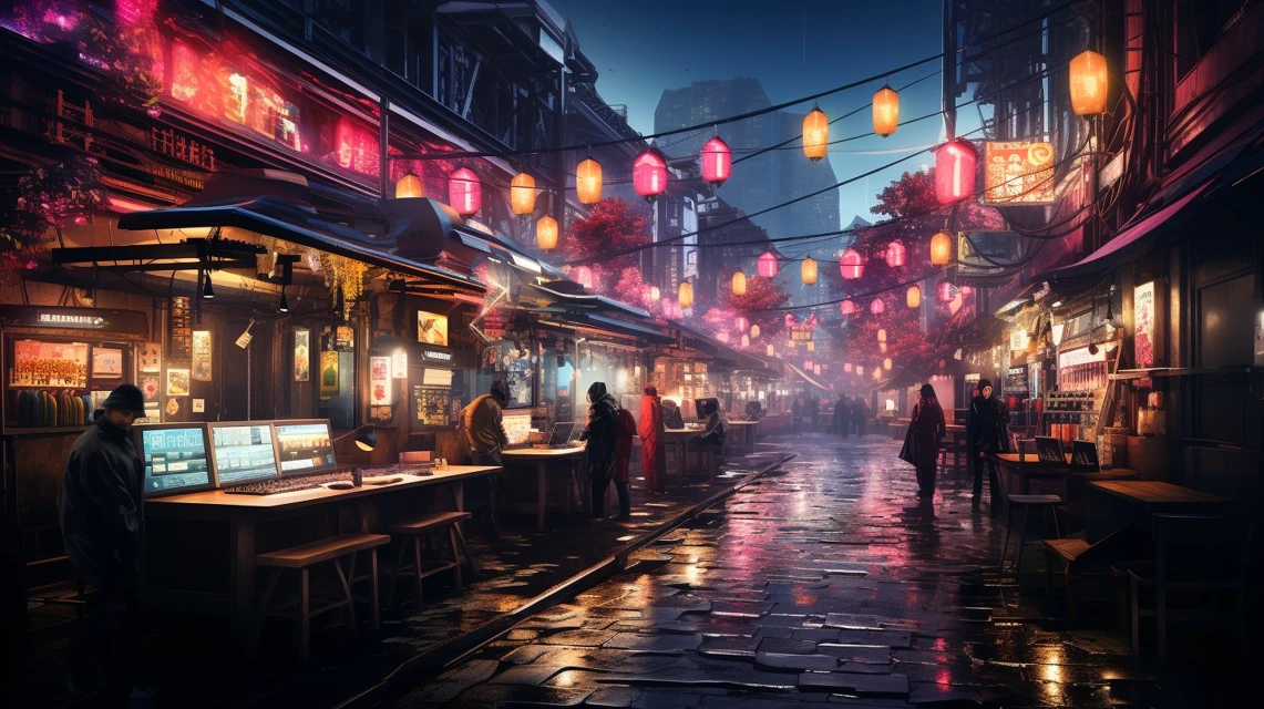 Cyberpunk Osaka Night Market: Midjourney AI Art v5.2-v7.0 - v5.2 - Image 2