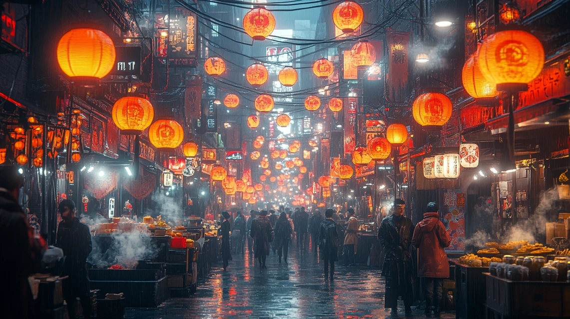 Cyberpunk Osaka Night Market: Midjourney AI Art v5.2-v7.0 - v6.1 - Image 2