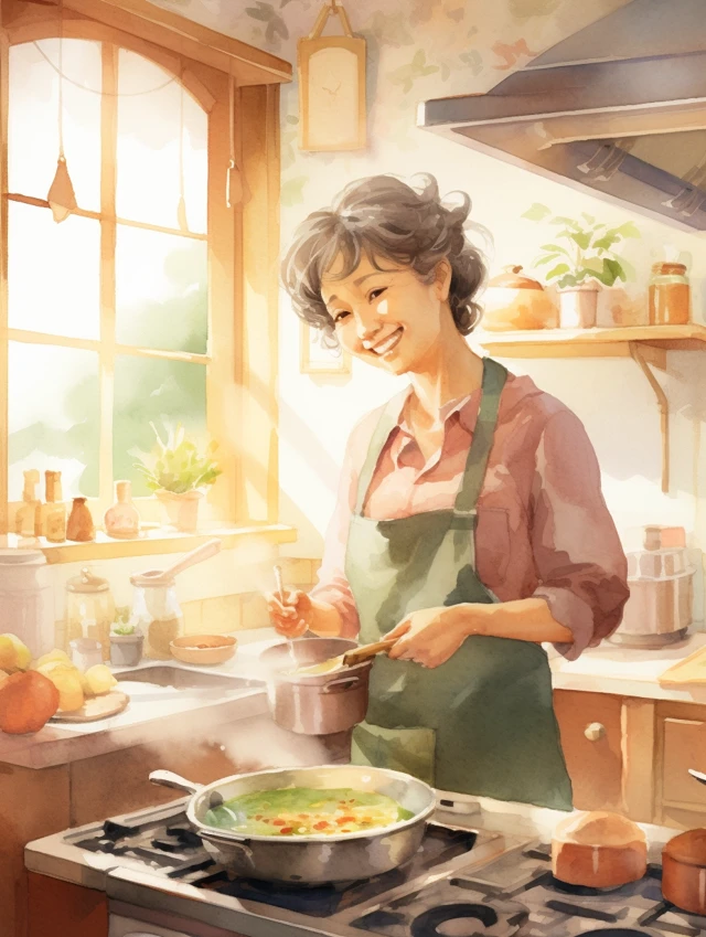 MJ v5.2-v7: Watercolor Picture Book Kitchen Scene Comparison - v5.2 - Image 4