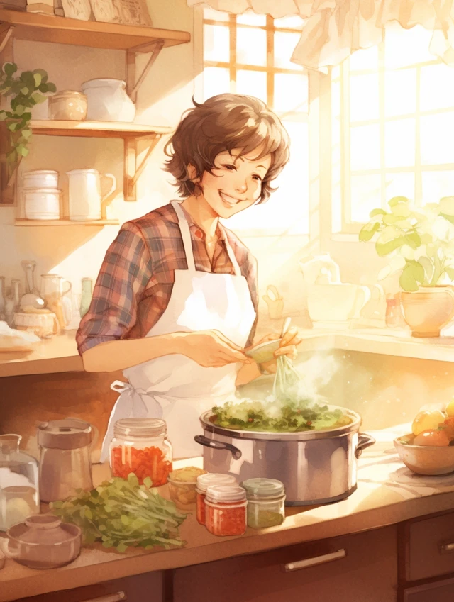MJ v5.2-v7: Watercolor Picture Book Kitchen Scene Comparison - v5.2 - Image 3