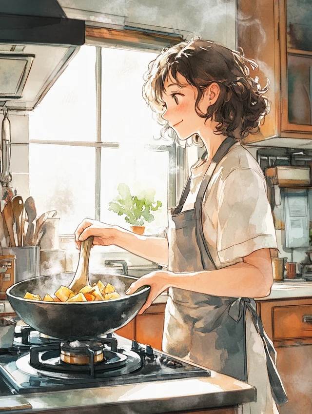 MJ v5.2-v7: Watercolor Picture Book Kitchen Scene Comparison - v6.1 - Image 1