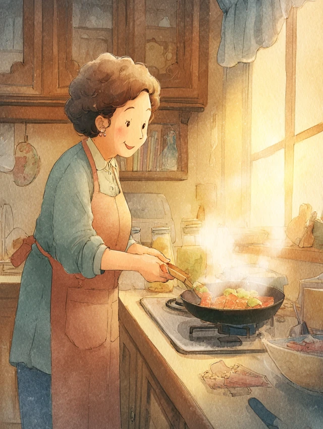 MJ v5.2-v7: Watercolor Picture Book Kitchen Scene Comparison - v7.0 - Image 4