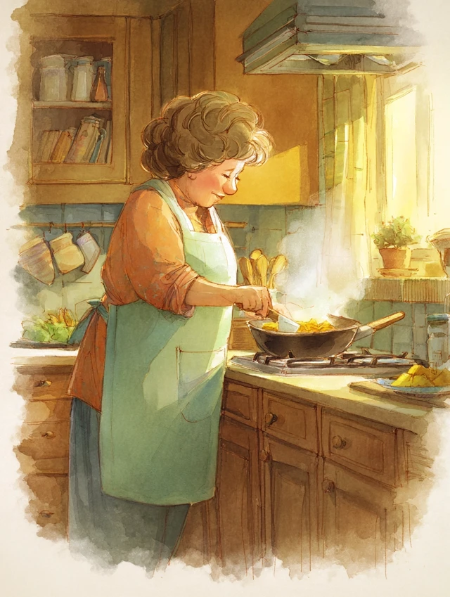MJ v5.2-v7: Watercolor Picture Book Kitchen Scene Comparison - v7.0 - Image 2