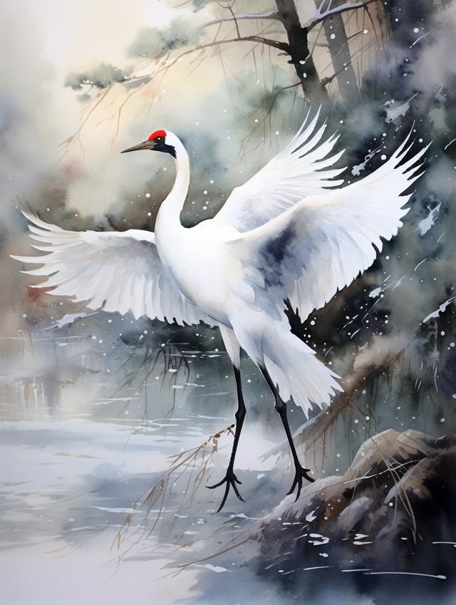 Red-crowned Crane Watercolor Art: MidJourney v5.2 to v7.0 - v5.2 - Image 2