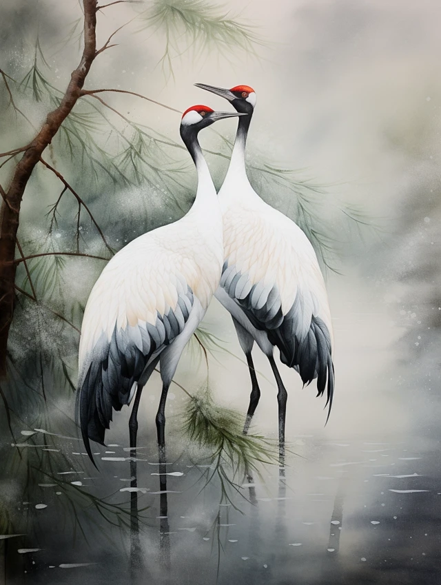 Red-crowned Crane Watercolor Art: MidJourney v5.2 to v7.0 - v5.2 - Image 4